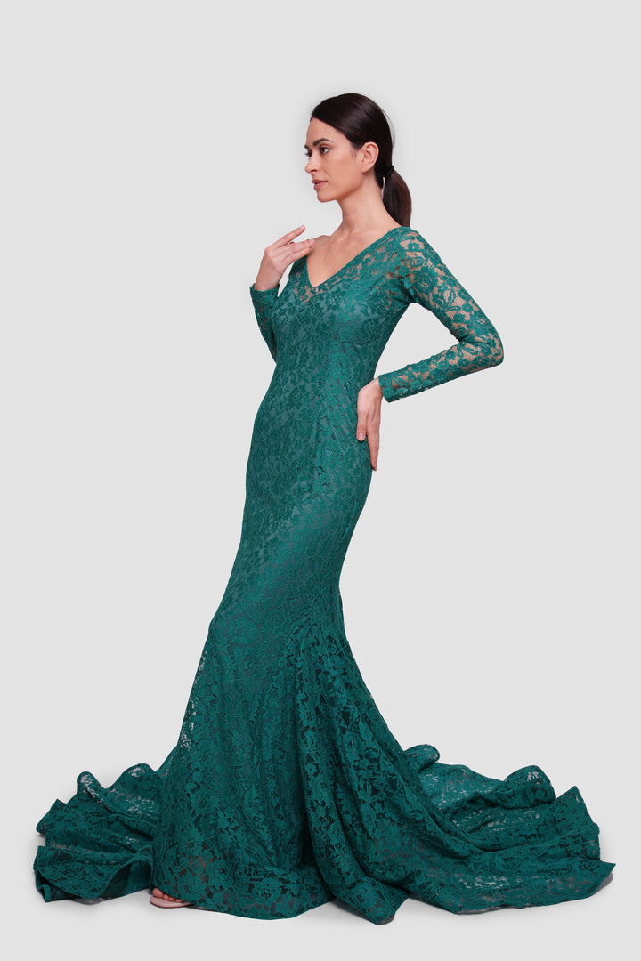 Diana Emerald Green Lace Open Back Gown
