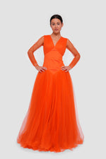 Load image into Gallery viewer, Nouf Vibrant Orange V-neckline Tulle Maxi Dress With Sheer Sleeves