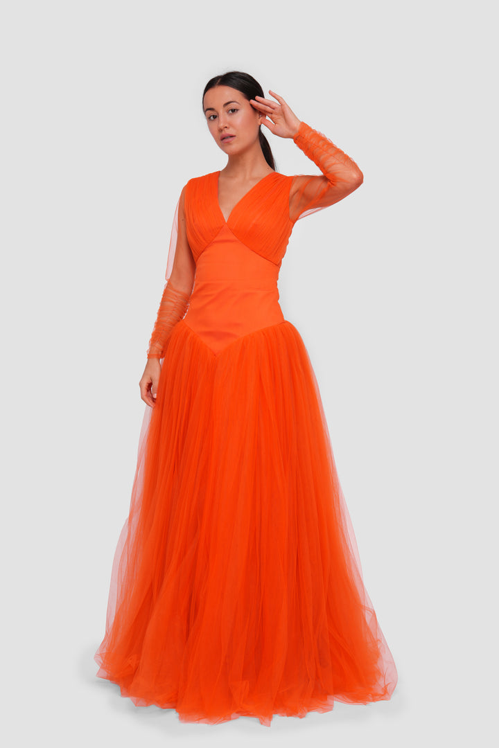 Nouf Vibrant Orange V-neckline Tulle Maxi Dress With Sheer Sleeves