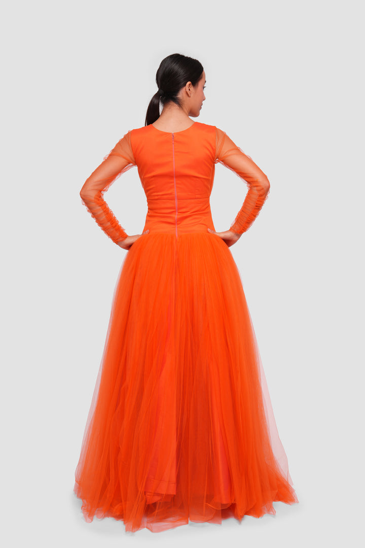 Nouf Vibrant Orange V-neckline Tulle Maxi Dress With Sheer Sleeves