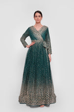 Load image into Gallery viewer, Zahra Teal Green With White And Gold Accents Plunging V-neckline Maxi Dress