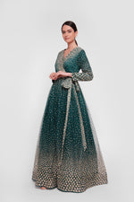 Load image into Gallery viewer, Zahra Teal Green With White And Gold Accents Plunging V-neckline Maxi Dress