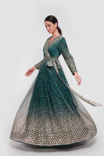 Load image into Gallery viewer, Zahra Teal Green With White And Gold Accents Plunging V-neckline Maxi Dress