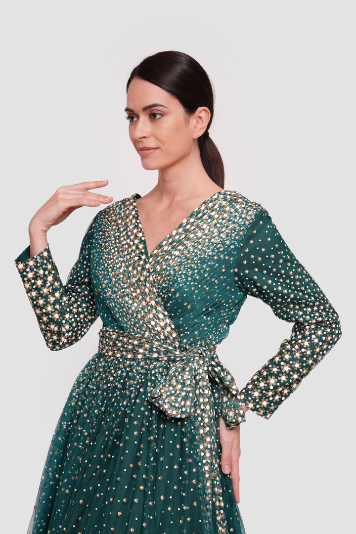 Zahra Teal Green With White And Gold Accents Plunging V-neckline Maxi Dress