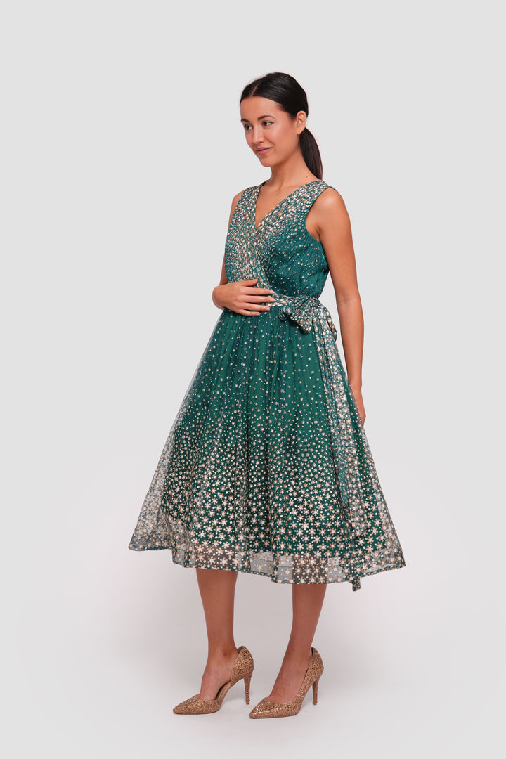 Farah Teal Green With White And Gold Embellishments Sleeveless Midi Dress