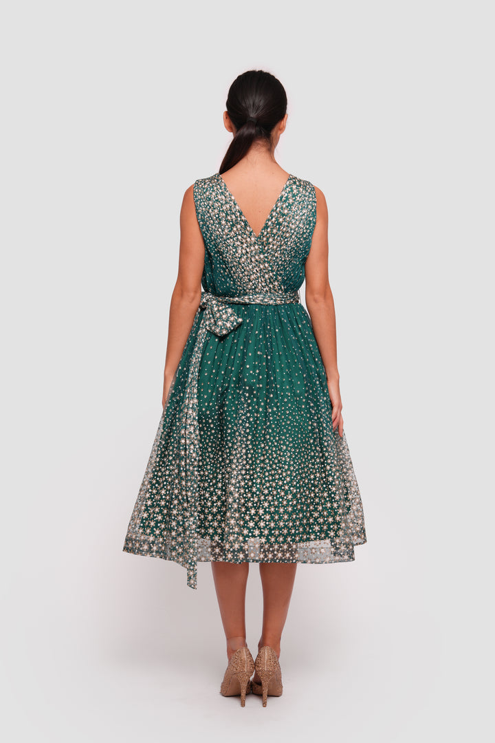 Farah Teal Green With White And Gold Embellishments Sleeveless Midi Dress