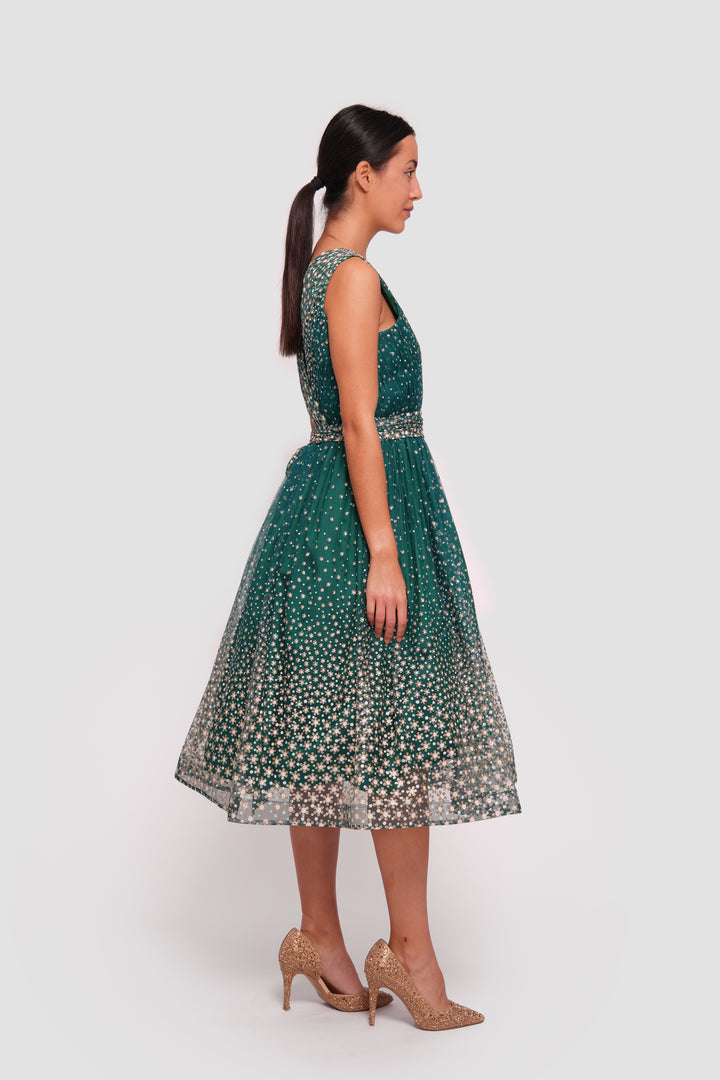 Farah Teal Green With White And Gold Embellishments Sleeveless Midi Dress