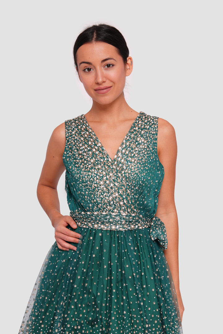 Farah Teal Green With White And Gold Embellishments Sleeveless Midi Dress