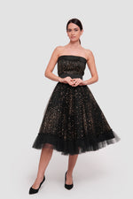 Load image into Gallery viewer, Layla  Black Tulle With gold glitter padded corset midi dress