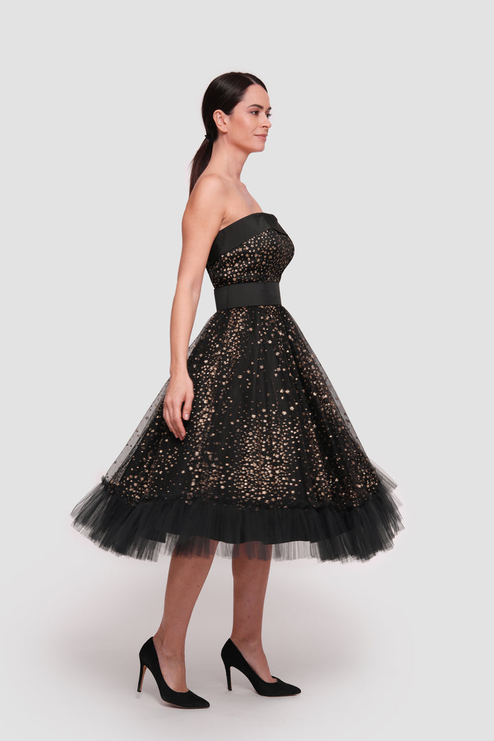 Layla  Black Tulle With gold glitter padded corset midi dress
