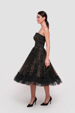 Load image into Gallery viewer, Layla  Black Tulle With gold glitter padded corset midi dress
