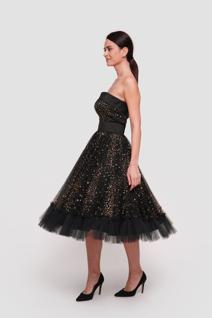 Layla  Black Tulle With gold glitter padded corset midi dress
