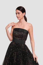 Load image into Gallery viewer, Layla  Black Tulle With gold glitter padded corset midi dress