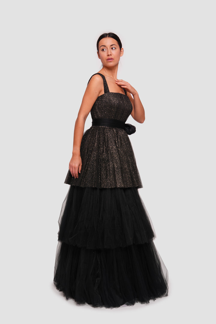Ariella  Black Tulle With Gold Glitter Corset Maxi Dress With Straps