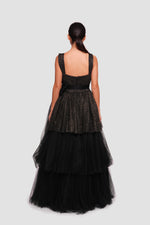 Load image into Gallery viewer, Ariella  Black Tulle With Gold Glitter Corset Maxi Dress With Straps