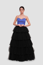 Load image into Gallery viewer, Layali Blue Black Taffeta Tulle Corset Maxi Dress