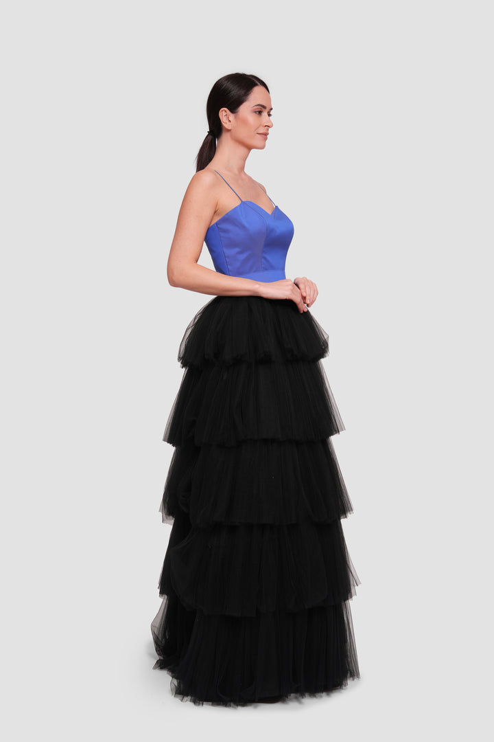 Layali Blue Black Taffeta Tulle Corset Maxi Dress