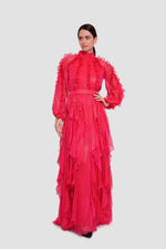 Load image into Gallery viewer, Estella  Crimson Red Shimmer Georgette High Neckline Maxi Dress With Ruffles