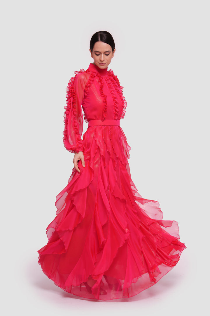 Estella  Crimson Red Shimmer Georgette High Neckline Maxi Dress With Ruffles