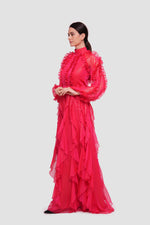 Load image into Gallery viewer, Estella  Crimson Red Shimmer Georgette High Neckline Maxi Dress With Ruffles