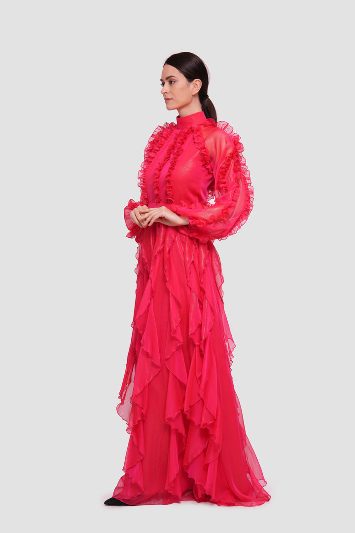 Estella  Crimson Red Shimmer Georgette High Neckline Maxi Dress With Ruffles