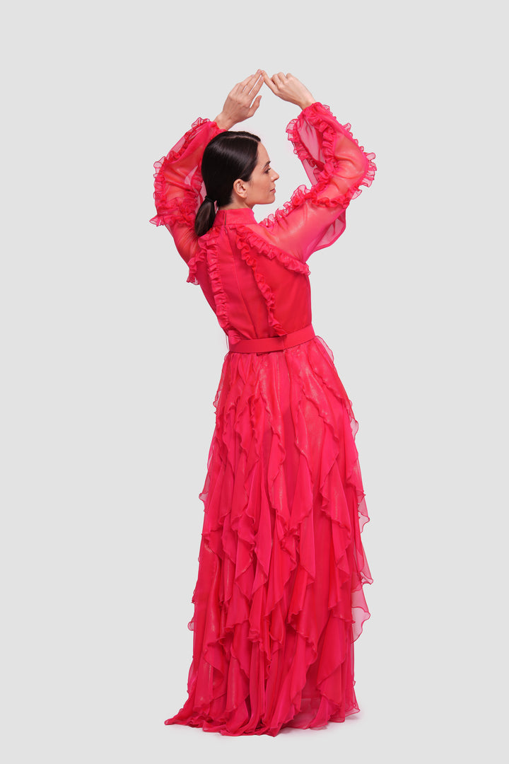 Estella  Crimson Red Shimmer Georgette High Neckline Maxi Dress With Ruffles