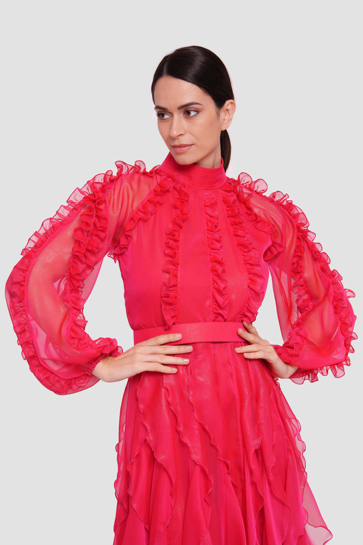 Estella  Crimson Red Shimmer Georgette High Neckline Maxi Dress With Ruffles