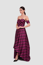 Load image into Gallery viewer, Emily Fuchsia And Black Striped Off-shoulder High-low Maxi Dress