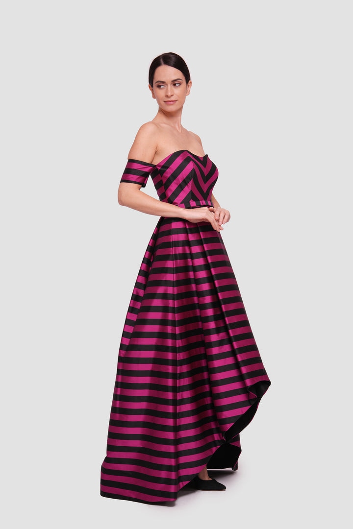 Emily Fuchsia And Black Striped Off-shoulder High-low Maxi Dress