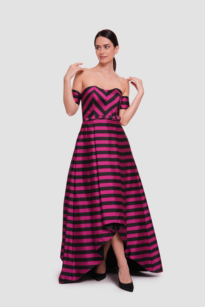 Emily Fuchsia And Black Striped Off-shoulder High-low Maxi Dress