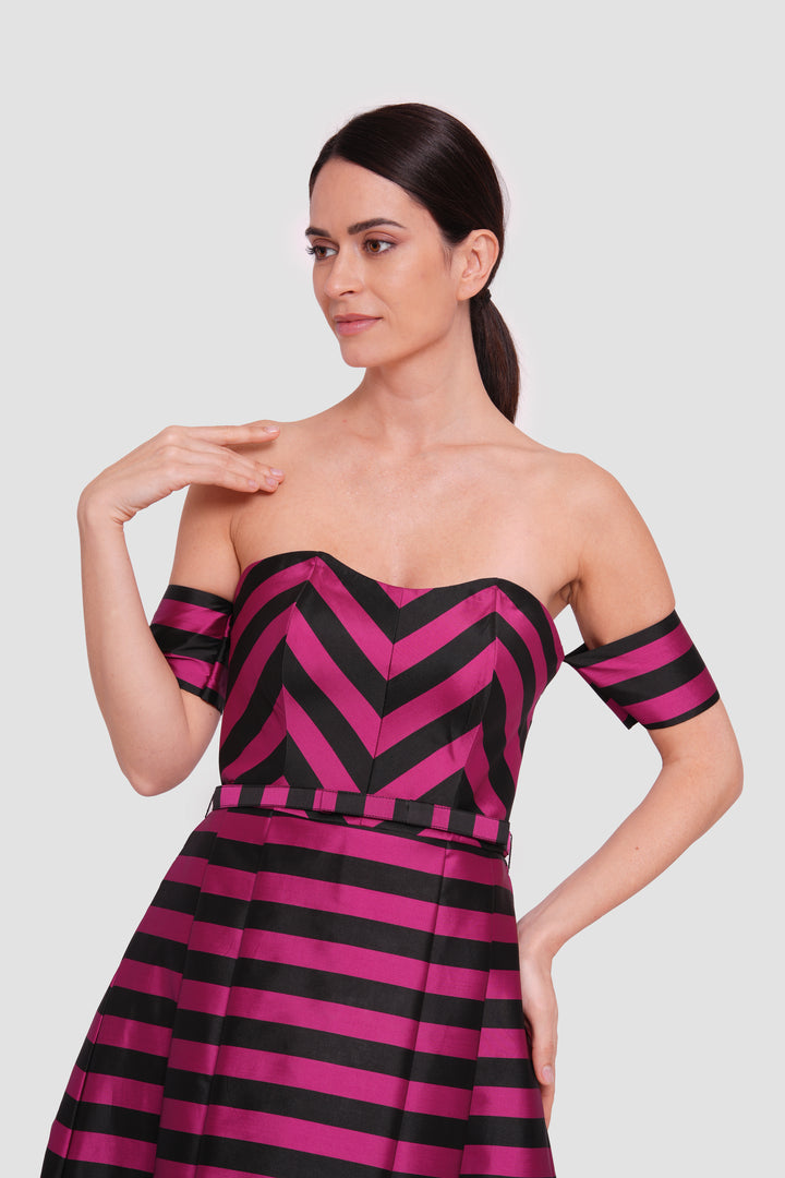 Emily Fuchsia And Black Striped Off-shoulder High-low Maxi Dress