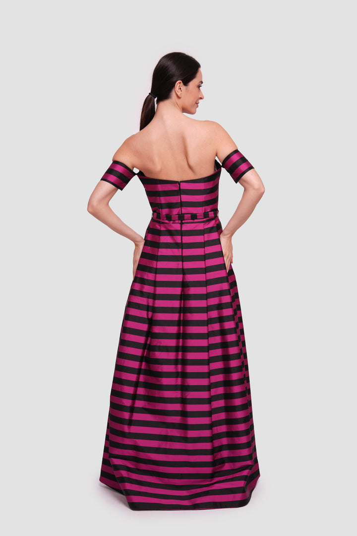 Emily Fuchsia And Black Striped Off-shoulder High-low Maxi Dress