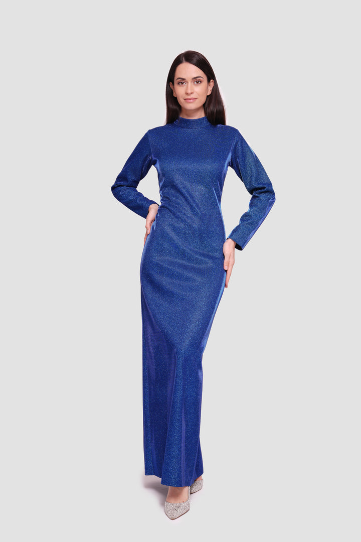 Sara Midnight Blue Glitter Fabric High Neck Maxi Dress