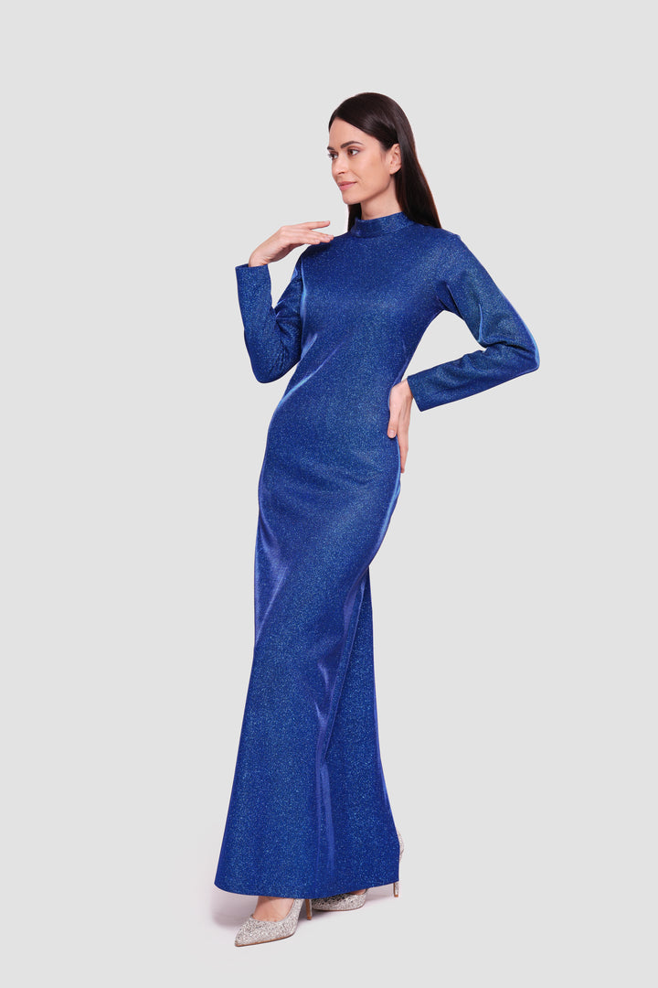 Sara Midnight Blue Glitter Fabric High Neck Maxi Dress