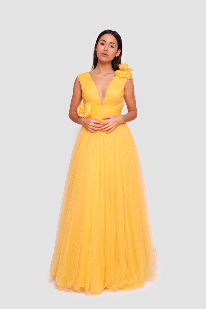 Afnan Yellow Tulle V-neckline Open Back Maxi Dress With Floral Applique Embellishments