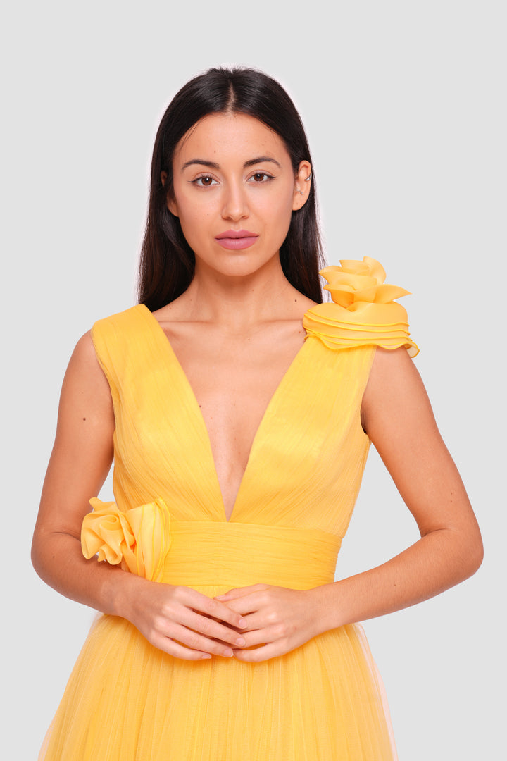 Afnan Yellow Tulle V-neckline Open Back Maxi Dress With Floral Applique Embellishments