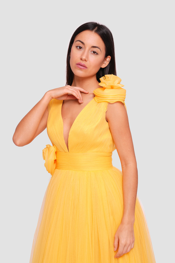 Afnan Yellow Tulle V-neckline Open Back Maxi Dress With Floral Applique Embellishments