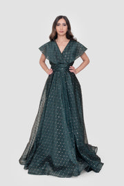 Maristella Embellished Geometric Deep Teal Mesh Maxi Dress