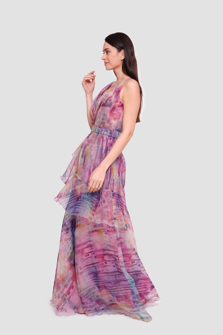 Aya Multicolored Silk Printed Organza Sleeveless Maxi Dress