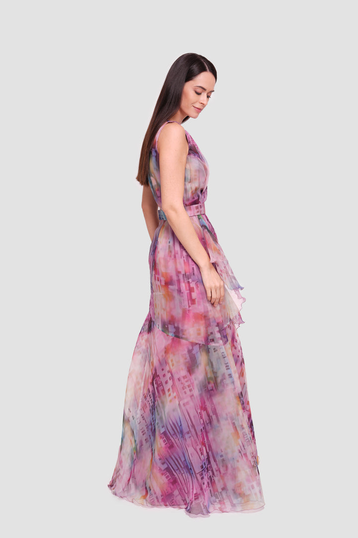Aya Multicolored Silk Printed Organza Sleeveless Maxi Dress