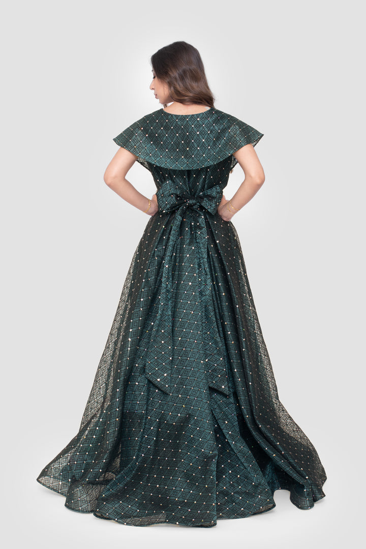 Maristella Embellished Geometric Deep Teal Mesh Maxi Dress