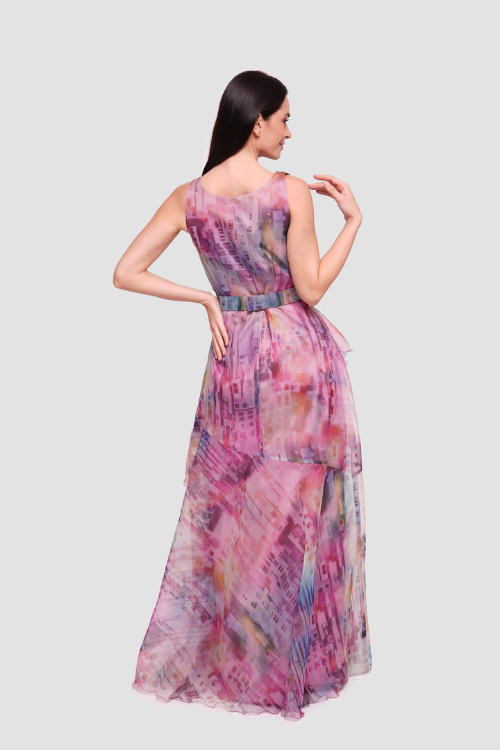 Aya Multicolored Silk Printed Organza Sleeveless Maxi Dress