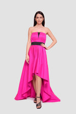 Load image into Gallery viewer, Valencia Fuchsia With Black Accents Taffeta Strapless Deep Illusion V-neck Maxi Dress