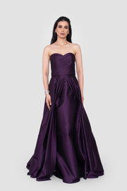 Vivienna Strapless Ruched Gown In Deep Plum Taffeta