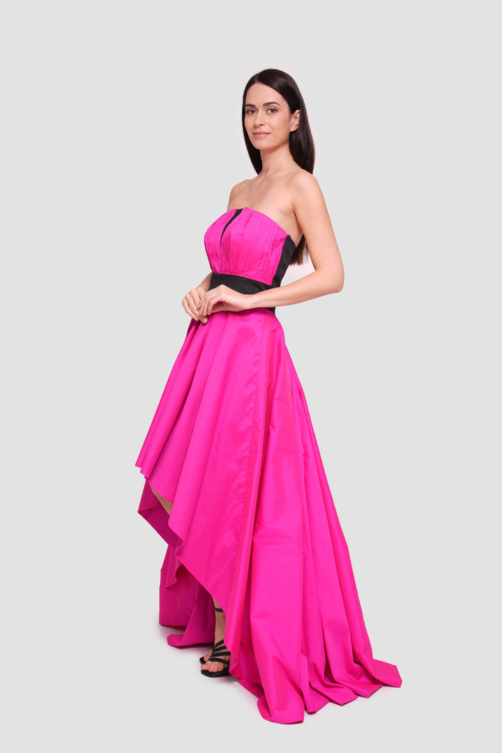 Valencia Fuchsia With Black Accents Taffeta Strapless Deep Illusion V-neck Maxi Dress