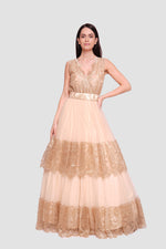 Load image into Gallery viewer, Jasmine Gold Tulle And Lace Open Back Sleeveless Maxi Dress