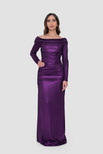 Load image into Gallery viewer, Lele Purple Off-Shoulder Ruched Metallic Maxi Dress