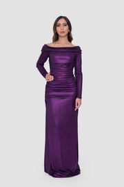 Lele Purple Off-Shoulder Ruched Metallic Maxi Dress