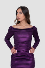 Load image into Gallery viewer, Lele Purple Off-Shoulder Ruched Metallic Maxi Dress
