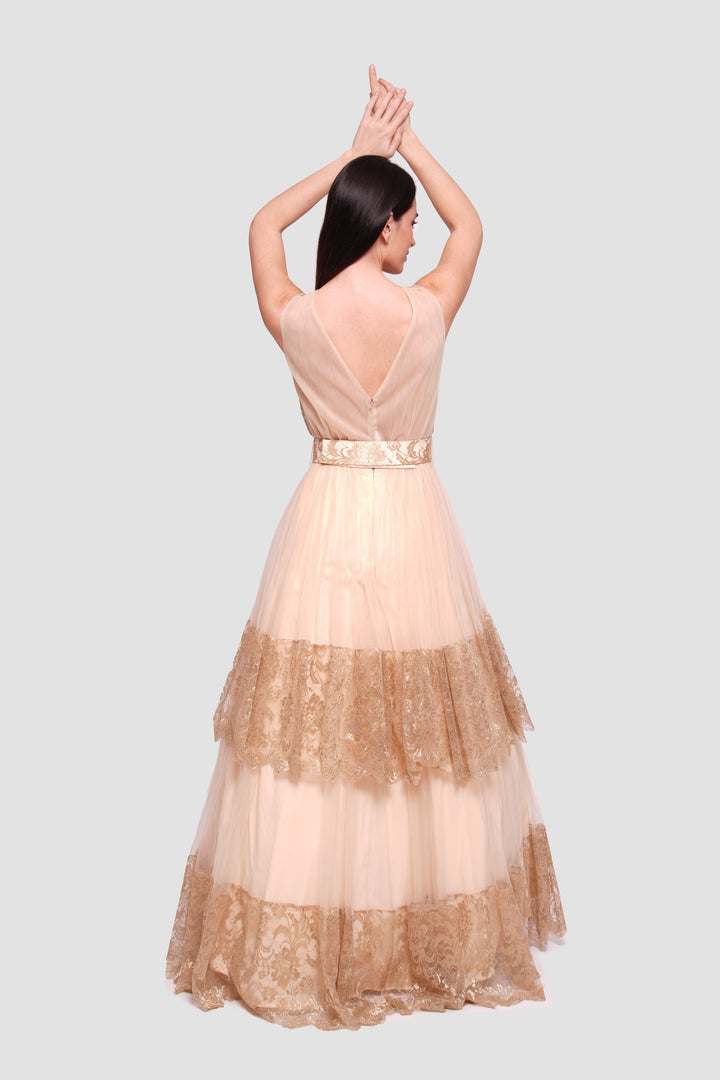 Jasmine Gold Tulle And Lace Open Back Sleeveless Maxi Dress